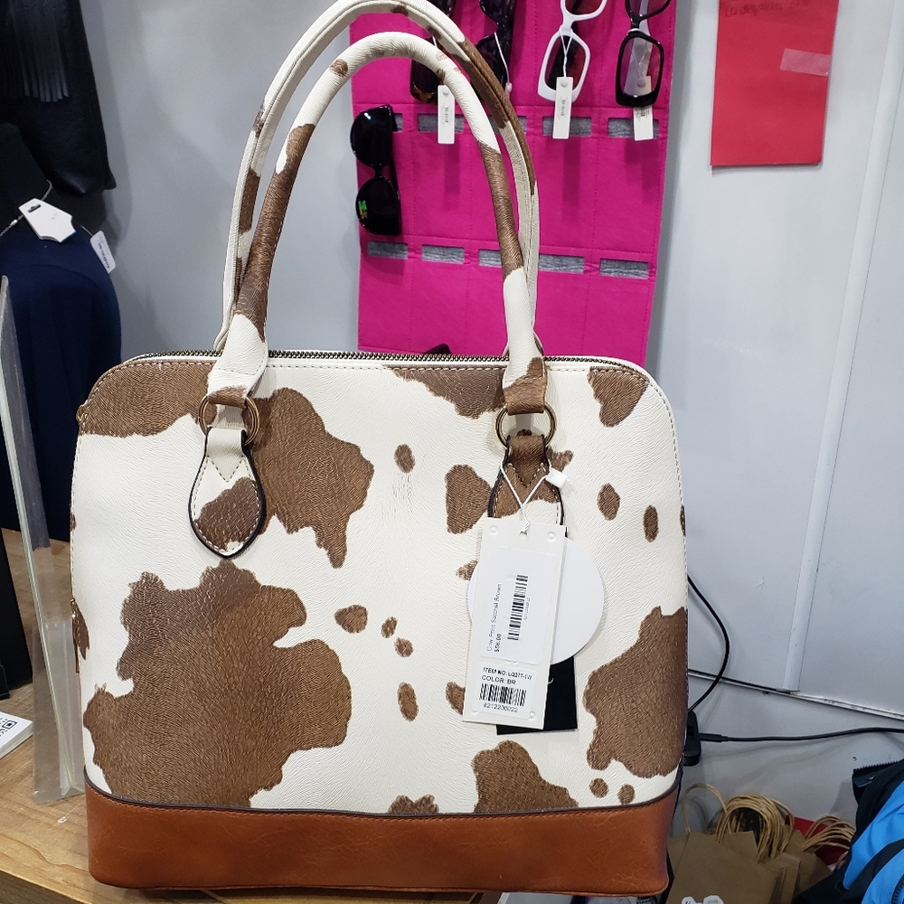 Cow Print Satchel- Brown